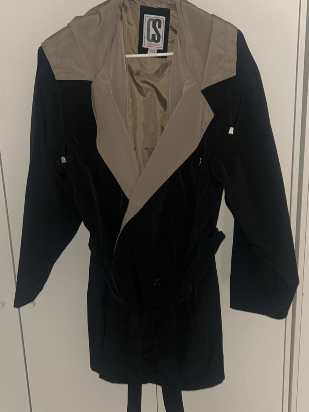 CS Collection Black Trench Coat with Taupe Contrast Collar